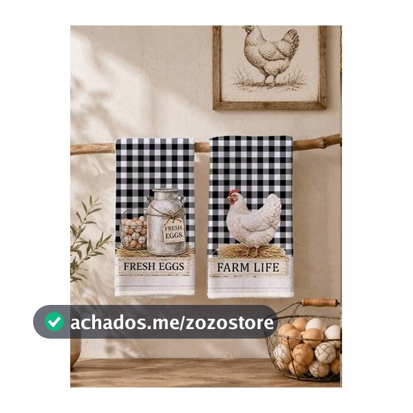 2 Peças Toalhas de Cozinha com Estampa Xadrez Preto e Branco de Galinha e Ovo da Fazenda, Panos de Prato de Poliéster Macio, Adequado para Decoração de Cozinha, Limpeza de Cozinha, Decoração de Festa de Feriado, Suprimentos de Cozinha e Banheiro, Essenciais para Casa, Decoração de Casa, Presente de ...