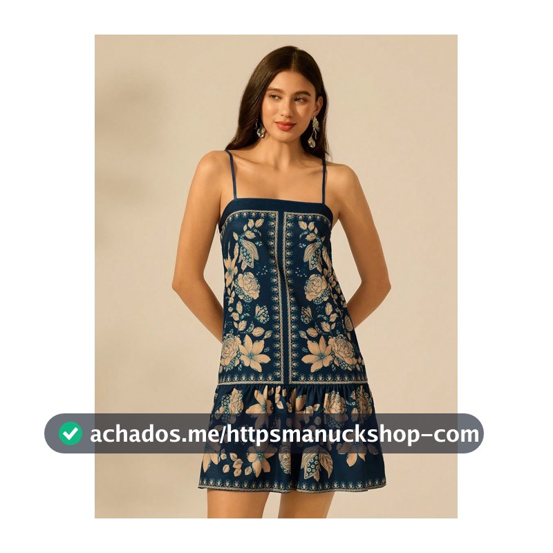 CAJUNI Vestido Casual de Verão para Praia e Férias com Estampa Tropical de Plantas, Alças de Espaguete, Amarração nas Costas, Estilo Boho