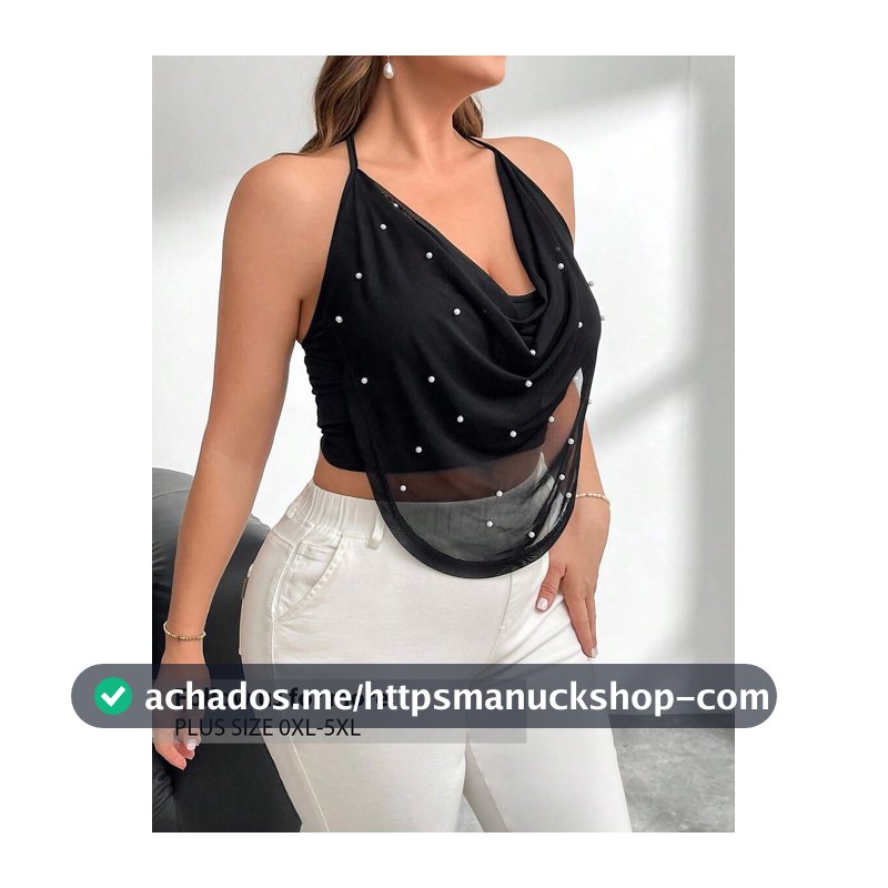 Firerie Regata Plus Size Feminina de Verão Solta e Fluida, com Alças Finas e Detalhe de Pérolas e Tule, Decote Costas Nuas, Elegante, Casual, para Férias, Shows e Festas
