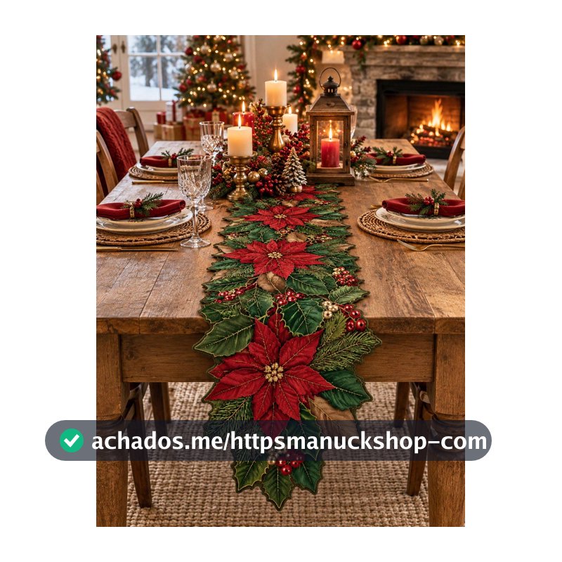 1 Peça Caminho de Mesa de Poinsettia de Natal, Caminho de Mesa de Linho de Feriado, Design Floral de Folhas Vermelhas e Verdes Decoração de Mesa de Feriado, Caminho de Mesa de Poinsettia e Bagas de Azevinho, Adequado para Jantar de Natal, Decoração de Natal para Cozinha e Casa