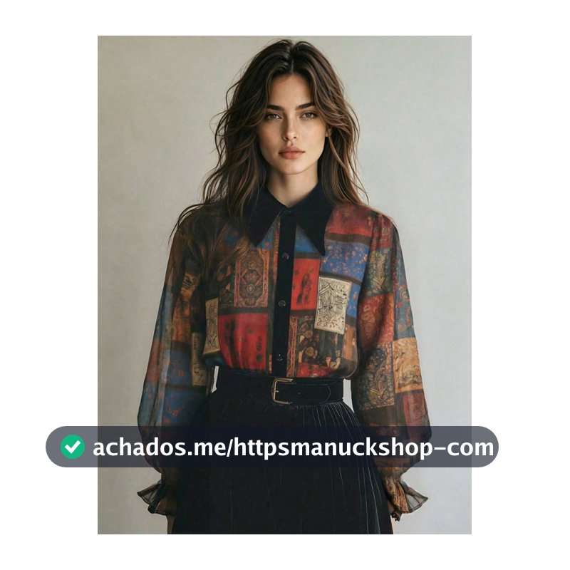 Top de Chiffon com Patchwork de Totem Exótico 2026, Top de Chiffon com Colagem Geométrica Retrô e Gola Contrastante, Top Transparente com Manga Lanterna, Essencial de Camadas Boho Dark Academia com Estampa, Amigável para Plus Size, Visual Vintage