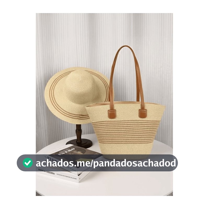 1 Conjunto de Chapéu de Palha Casual de Férias com Listras Contrastantes e 1 Bolsa Trançada de Palha