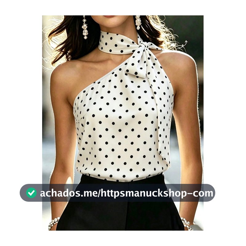Balvessa Top Feminina Elegante de Verão com Estampa de Poá, Lenço de Tecido com Amarração e Design Assimétrico no Ombro, Adequada para Presente de Aniversário, Encontro, Festa, Dia dos Namorados, Dia do Trabalho, Páscoa, Volta às Aulas, Trabalho, Viagem, Praia, Fotografia de Rua, Verão