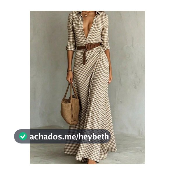 Vestido Midi Xadrez de Manga Longa com Botões para Mulheres, Tecido Trama, Bainha Regular, Adequado para Uso no Outono (Estilo Sem Cinto) Marrom Elegante