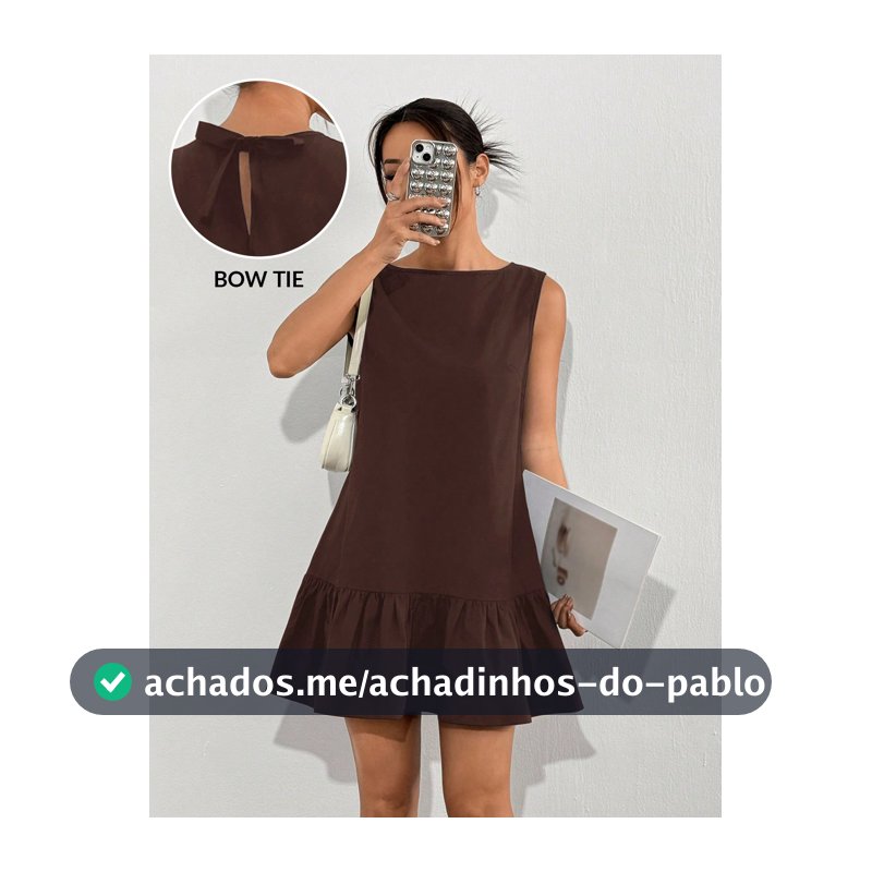 SHEIN EZwear Vestido Mini Elegante Marrom Café de Verão para Mulheres, Vestido de Verão Fofo Sem Mangas com Cintura Baixa, Laço e Bainha com Babados, Vestido de Brunch Chocolate Tecido