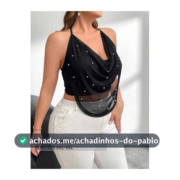 Firerie Regata Plus Size Feminina de Verão Solta e Fluida, com Alças Finas e Detalhe de Pérolas e Tule, Decote Costas Nuas, Elegante, Casual, para Férias, Shows e Festas