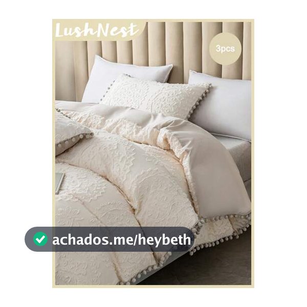 3 Peças Conjunto de Capa de Edredom Floral Bege com Pompom Cinza Vazado (1 Capa de Edredom + 2 Fronhas, Edredom Não Incluído), Tecido de Poliéster Macio e Amigável à Pele, Adequado para Quarto, Quarto Principal, Quarto de Hóspedes, Todas as Estações