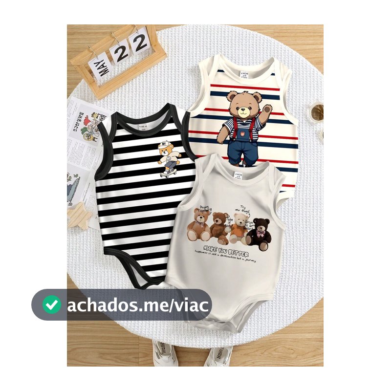 SHEIN 3 peças/Conjunto Macacão Casual Sólido com Design de Urso de Pelúcia