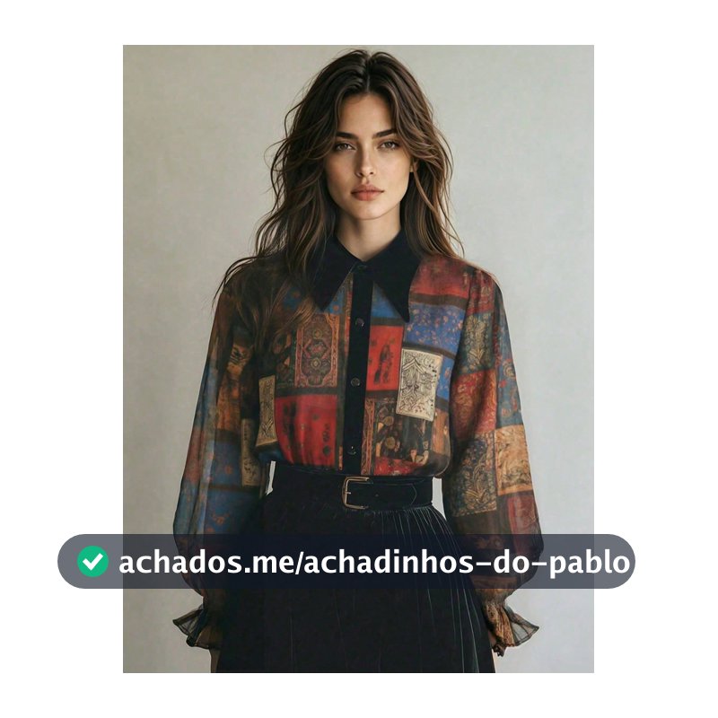 Top de Chiffon com Patchwork de Totem Exótico 2026, Top de Chiffon com Colagem Geométrica Retrô e Gola Contrastante, Top Transparente com Manga Lanterna, Essencial de Camadas Boho Dark Academia com Estampa, Amigável para Plus Size, Visual Vintage