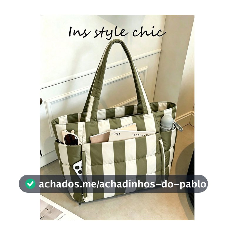 Bolsa Tote Acolchoada Listrada Verde e Branca de Grande Capacidade, Bolsa de Mão Acolchoada com Múltiplos Bolsos, Bolsa de Ombro para Todas as Estações, Bolsa Feminina Casual da Moda para Estudantes, Profissionais, Compras, Viagens e Uso Diário