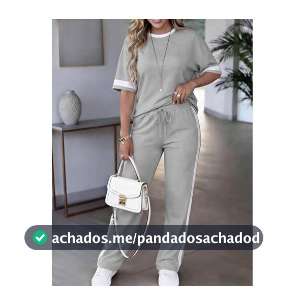 Conjunto de 2 Peças Feminino Primavera/Verão, Top de Manga Curta com Gola Redonda e Contraste de Cores Casual e Versátil, Calça Reta de Cintura Alta com Cordão Elegante