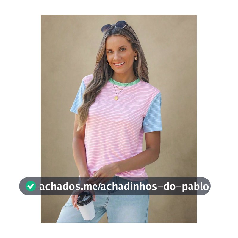 Wildy Camiseta Feminina Casual Simples com Listras Contrastantes, Gola Redonda, Manga Curta, Solta, Rosa, para Brunch, Café da Manhã e Uso Diário, Verão, Listrada