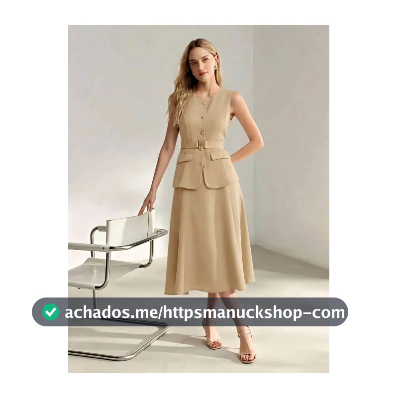 MOTF PREMIUM Vestido com Cintura Peplum, Barra Flare e Cinto, Conjunto