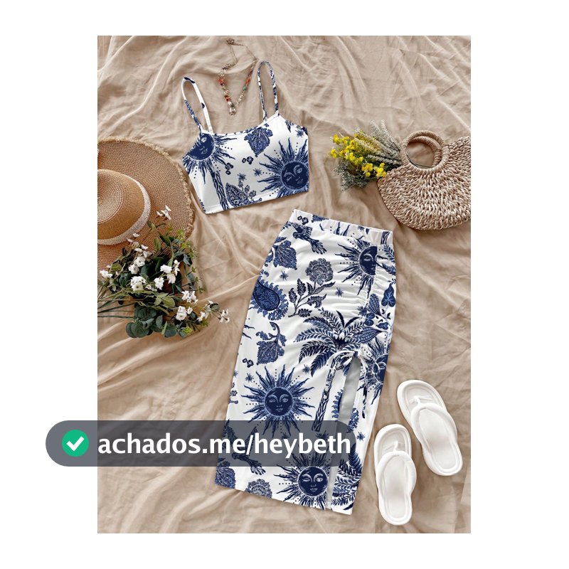 Soleia Conjunto de 2 Peças Plus Size Feminino para Verão, Praia e Férias, Top Regata com Estampa Tropical e Saia com Cordão, Franzido e Fenda Alta na Barra, Floral Branco Casual Celestial