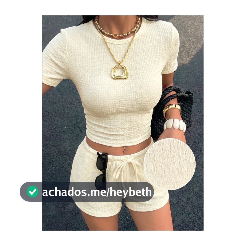 SHEIN EZwear Conjunto Casual de Camiseta de Manga Curta de Gola Redonda Minimalista e Shorts com Cordão na Cintura em Tricô Cor de Damasco para Mulheres