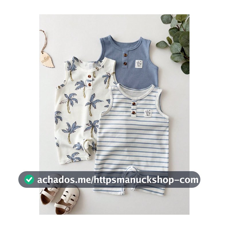 3 Peças/Conjunto Macacão Sem Mangas para Bebê Menino Primavera/Verão, Listra Clássica + Cor Sólida + Estampa de Árvore de Coco, Tecido com Textura Waffle, Estilo Tropical Fresco de Férias, Presente Perfeito para Bebê, Uso Diário, Férias