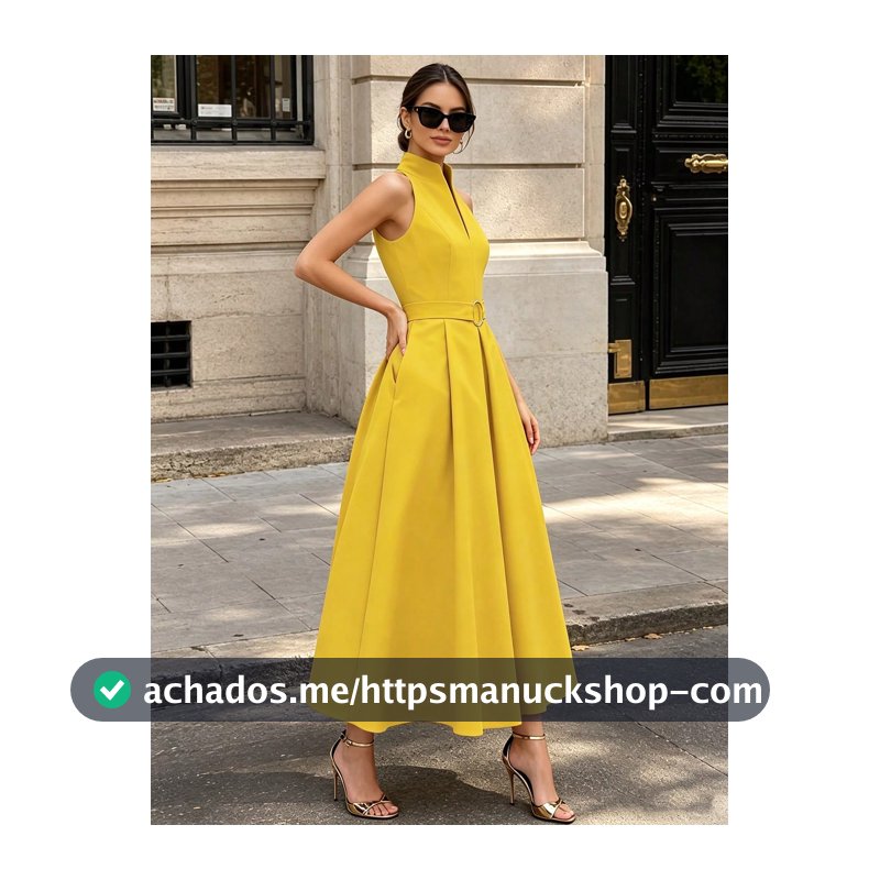 Vestido Longo de Cor Sólida com Gola Alta Romântico, Elegante.Volta às Aulas,Negócios Amarelo Verão