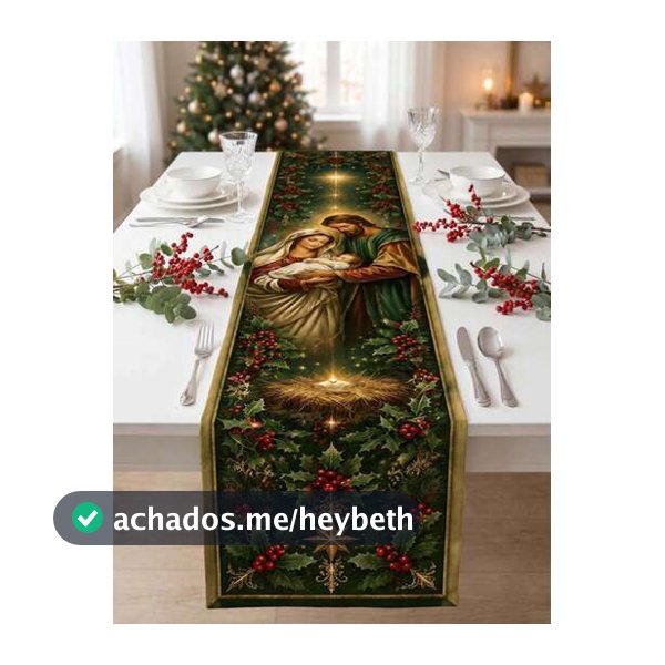 1 Peça Caminho de Mesa com Tema de Natalidade, Estampa de Família Sagrada Vintage Verde com Manjedoura, Azevinho e Bagas Vermelhas, Tecido Semelhante a Linho, Decoração de Mesa para Jantar de Natal, Reunião Familiar, Cozinha e Sala de Jantar