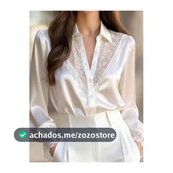 Elegante Top de Cetim Branca Feminina, Mangas Bispo, Decorada com Renda Delicada em Contraste, Top com Botões na Frente