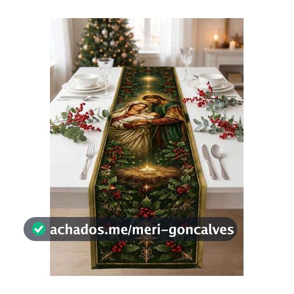 1 Peça Caminho de Mesa com Tema de Natalidade, Estampa de Família Sagrada Vintage Verde com Manjedoura, Azevinho e Bagas Vermelhas, Tecido Semelhante a Linho, Decoração de Mesa para Jantar de Natal, Reunião Familiar, Cozinha e Sala de Jantar