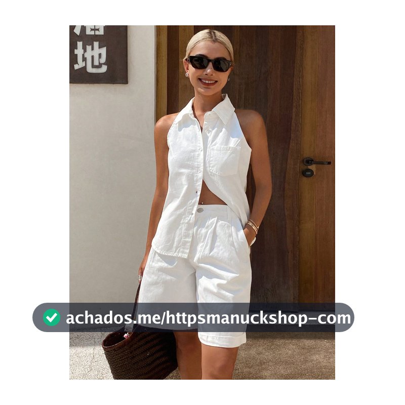 Strévra Conjunto de Duas Peças Denim Branco para Mulheres, Conjunto de Roupa Branca Completa para Festa