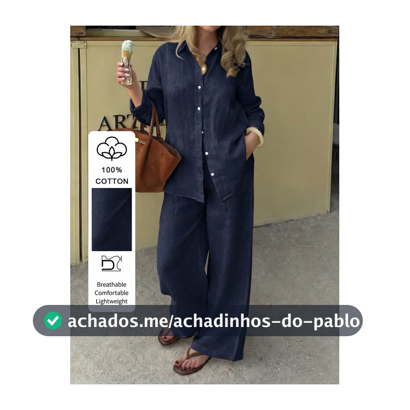 Conjunto Feminino PoPoHouse de 2 Peças para Outono em Algodão Puro, Cor Sólida, Casual, com Top de Manga Longa com Gola e Calça Solta de Perna Larga Elegante