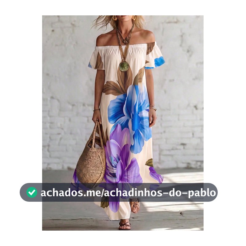 SHEIN Holidaya Vestido Longo Solto com Ombros à Mostra, Floral Roxo, para Férias, Praia, Verão, Boho, Tropical, Feminino
