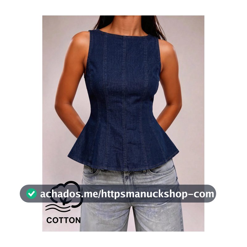 SHEIN BAE Elegante e Fashionable Top Denim Azul-Índigo com Decote em V e Babados sem Mangas, Adequada para Uso Casual, Diário, Trabalho, Encontros com Amigos e Mais Ocasiões na Primavera/Verão