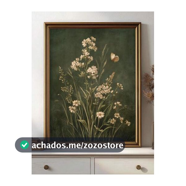 1 Peça Arte de Parede em Tela com Moldura, Mural em Tela Estilo Botânico Vintage com Flores Silvestres e Borboletas, Impressão Floral Estilo Dark Academia com Bottom Verde, Decoração de Parede Estética de Jardim, Pôster de Arte Estilo Vintage, Presente de Decoração para Casa, Presente Perfeito para ...