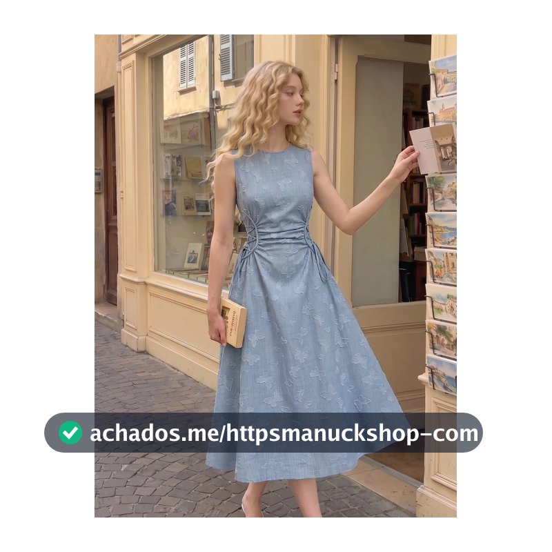 Skyraze Vestido Longo Texturizado com Borboleta, Gola Redonda, Amarração Lateral, Azul Água, Elegante e Romântico Vintage, para Férias de Verão