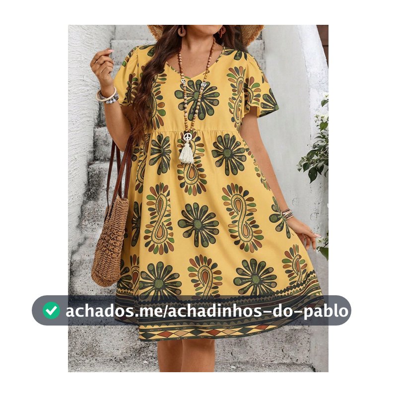 EMERY ROSE Vestido Casual Boho Tradicional com Estampa Floral Geométrica Plus Size para Férias na Praia, Amarelo Suave, Verão