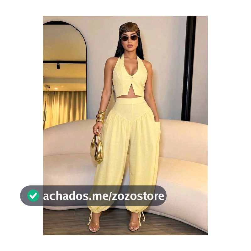 SOLERSUN Conjunto Feminino 2 Peças com Top Halter e Calça Lanterninha de Cintura Alta, Cor Sólida, Casual Elegante Europeu, para Uso Diário, Brunch e Férias, Amarelo Pálido, Verão