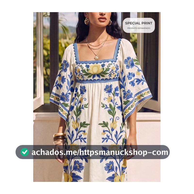 CAJUNI Vestido de Férias da Moda com Estampa Floral, Decote Quadrado e Manga Flare para Mulheres