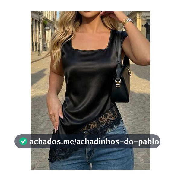 SHEIN Top Feminina Elegante de Cetim Preto com Renda, Decote Quadrado e Bainha Assimétrica, Casual para Trabalho e Dia a Dia, Camiseta Preta, Camiseta Casual, Camiseta Elegante, Roupa de Trabalho, Top Social/Top de Escritório, Praia