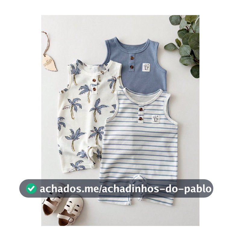 3 Peças/Conjunto Macacão Sem Mangas para Bebê Menino Primavera/Verão, Listra Clássica + Cor Sólida + Estampa de Árvore de Coco, Tecido com Textura Waffle, Estilo Tropical Fresco de Férias, Presente Perfeito para Bebê, Uso Diário, Férias