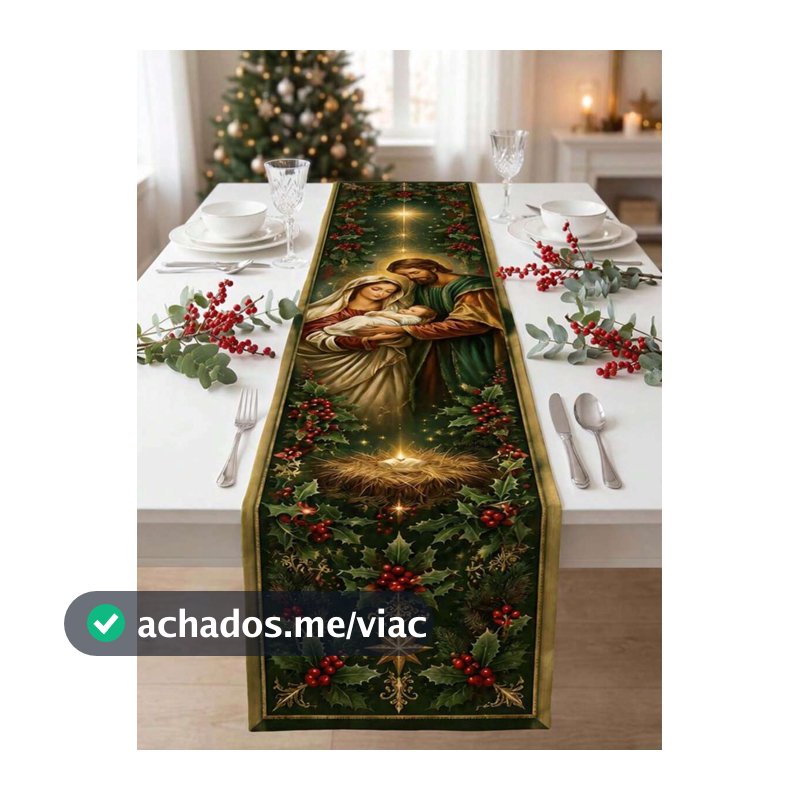 1 Peça Caminho de Mesa com Tema de Natalidade, Estampa de Família Sagrada Vintage Verde com Manjedoura, Azevinho e Bagas Vermelhas, Tecido Semelhante a Linho, Decoração de Mesa para Jantar de Natal, Reunião Familiar, Cozinha e Sala de Jantar