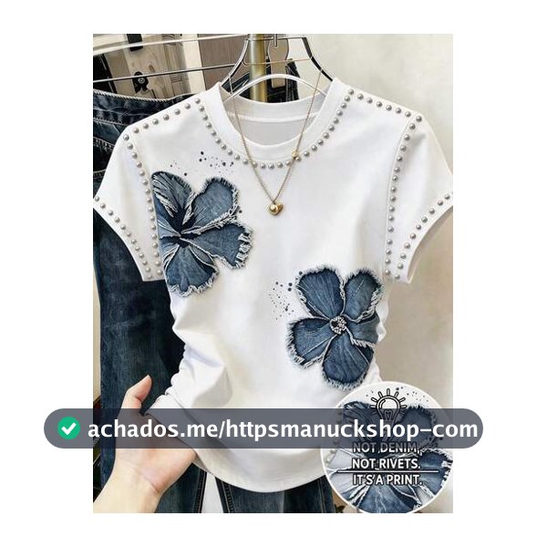 Resyla Top Feminina, Novo Estilo de Verão, Cintura Ajustada, Versátil e Fashion, Estudante, Branco, Crepe Falso, Estampa, Estampa Floral, Camiseta Feminina