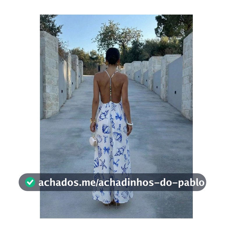 Firerie Vestido Longo Maxi com Decote em V e Costas Abertas, Alças com Miçangas, Estampa de Conchas Azul e Branca, Vestido Longo Casual de Férias, Design Halterneck com Miçangas nas Costas, Vestido Maxi Solto em Linha A, Roupa de Primavera/Verão, Casual, Boho, Férias, Bohêmio, Praia, Havaí
