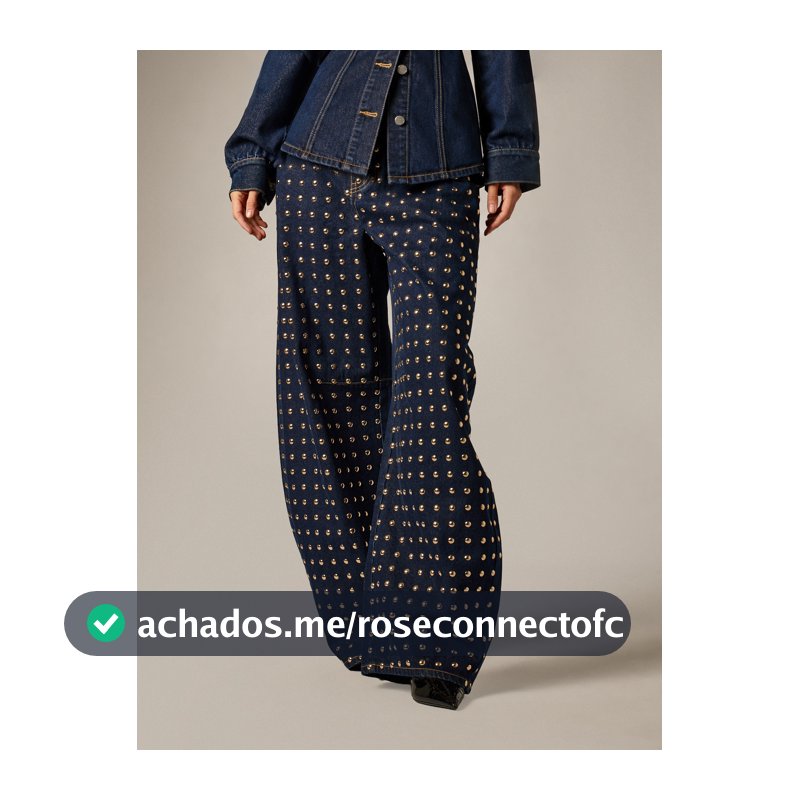 AiiRZ Calça Denim Perna Larga Lavagem Escura com Aplicação de Ilhós Metálicos Dourados em Toda a Peça Comprimento Total Cintura Alta Ajuste Barril