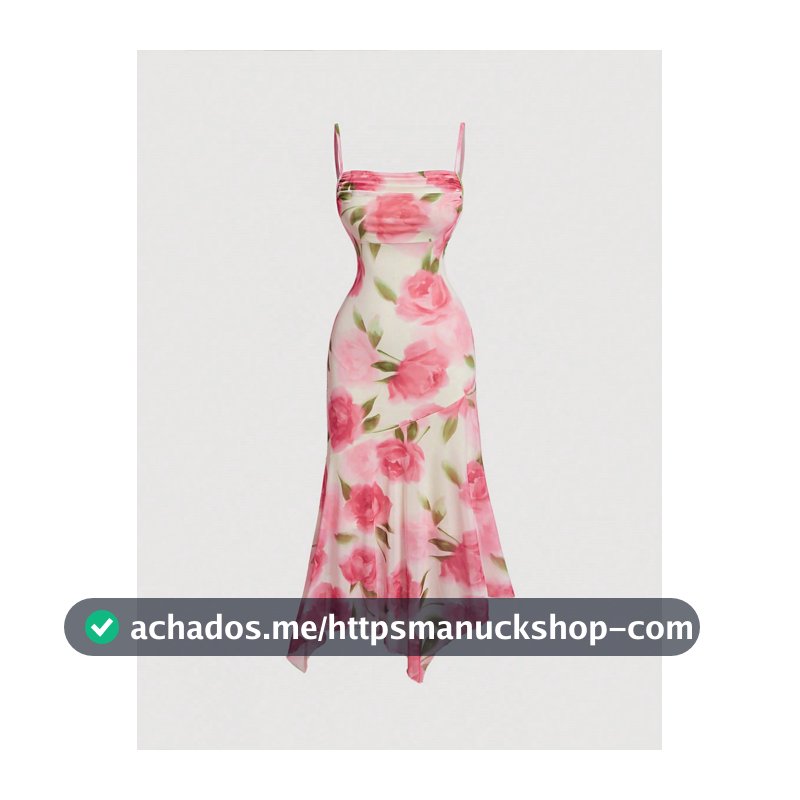 SHEIN MOD Vestido Camiseta Romântico Floral Franzido no Busto, Bainha Assimétrica, Elástico de Tule para Mulheres