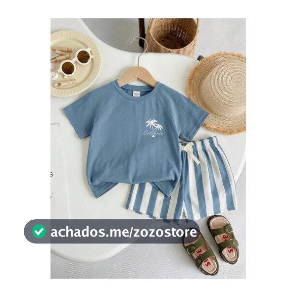 Cozy Pixies Conjunto Casual de Camiseta Raglan de Manga Curta com Estampa de Letra & Palmeira e Shorts Listrados para Bebê Menino