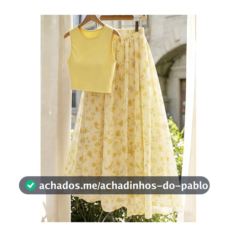 GlowEve Conjunto de Camiseta e Saia Floral Amarela Elegante Casual