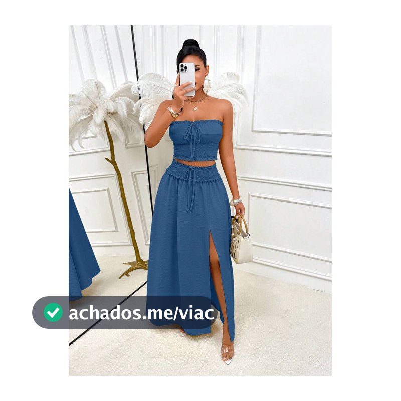 AIJ Conjunto Elegante Feminino com Top Curto Sem Alças com Babados, Detalhe Franzido e Saia Midi com Fenda, Adequado para Festa e Uso Casual no Verão