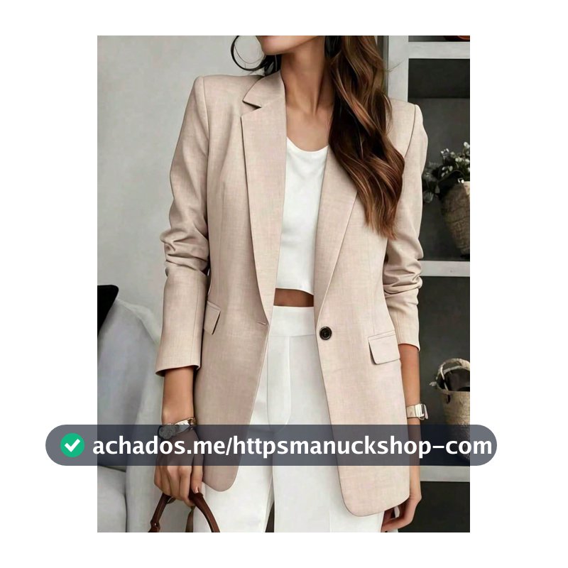 Blazer Feminino de Cor Sólida com Decote em V e Manga Longa, Jaqueta Leve e Fina de Abotoamento Único, Adequado para Escritório, Trabalho Remoto, Uso Diário, Todas as Estações