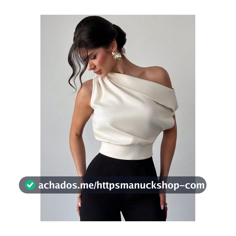 Firerie Top Feminina Elegante com Ombro Assimétrico, Top Plissada Branca de Verão, Roupa para Festa de Coquetel Tropical, Versátil para Escritório, Uso Diário, Férias e Festival de Música