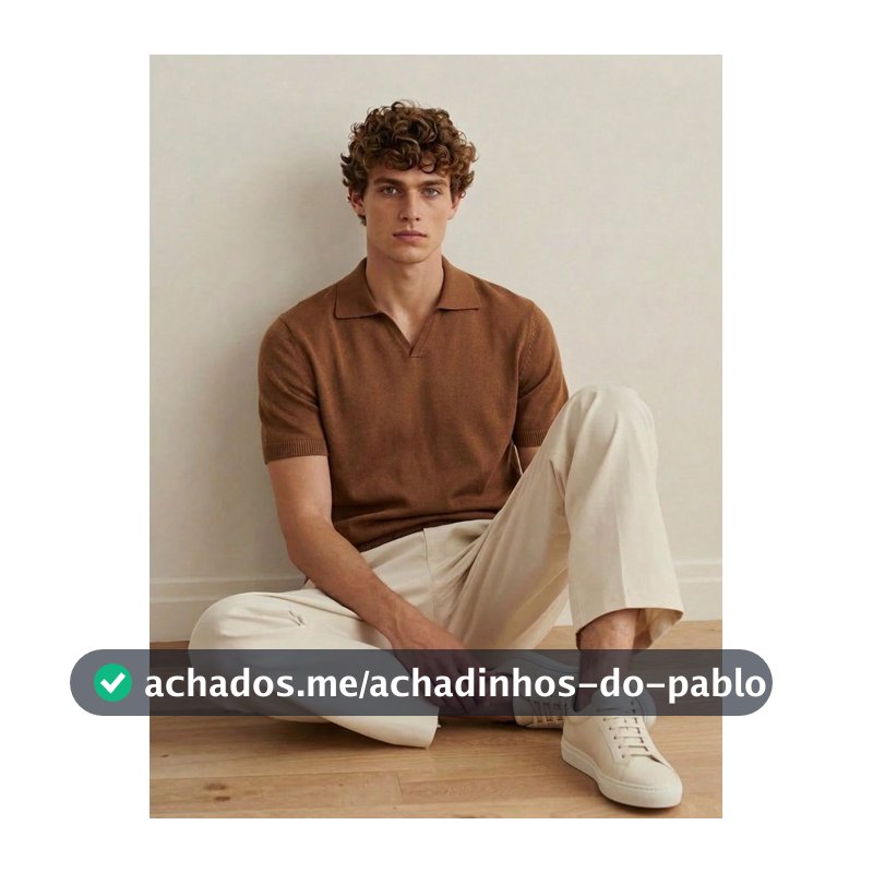 Manfinity CityGents Top Polo de Malha Marrom Café Masculina, Top de Malha Canelada Casual de Verão para Trabalho com Manga Curta e Gola V, Jersey com Botões para o Dia a Dia