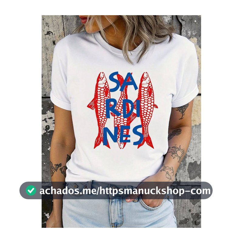 SHEIN Camiseta Feminina da Moda com design de peixe "Sardinha" - Manga Curta, Gola Redonda, Top Branca Casual, Mistura de Poliéster, Lavável em Máquina, Camiseta Pullover, Top Estiloso e Vanguardista