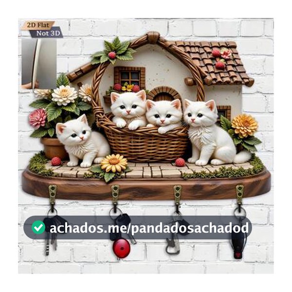 1 Peça Suporte de Chaves em Forma de Cesta Trançada Branca Plana 2D de Gato - Organizador de Chaves Decorativo