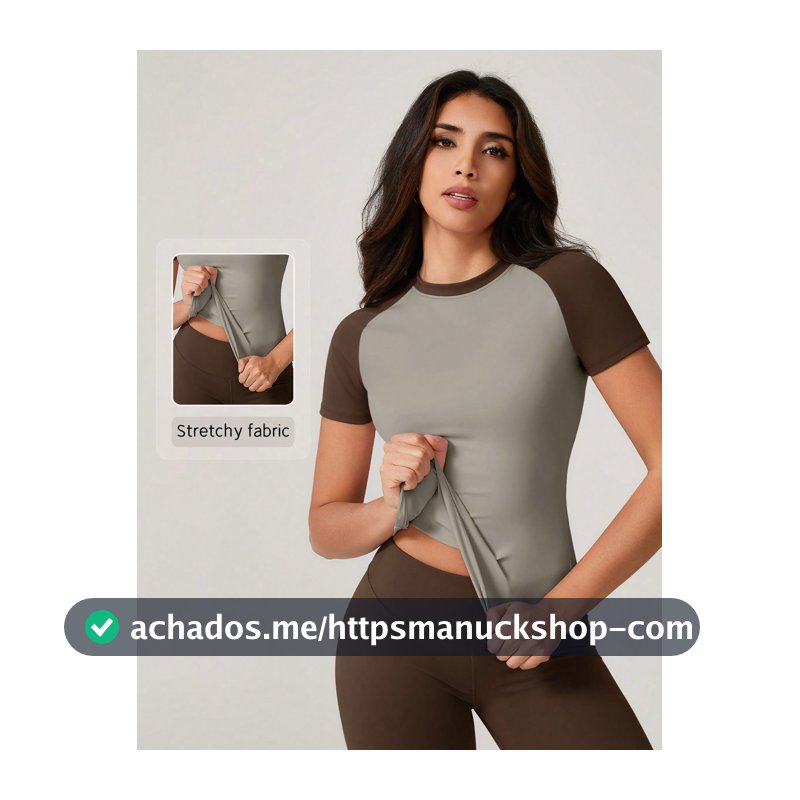 NcmRyu Camiseta Fitness Feminina Colorblock Gola Redonda Slim Fit, Top Esportivo para Yoga, Treino e Corrida, Camiseta Casual