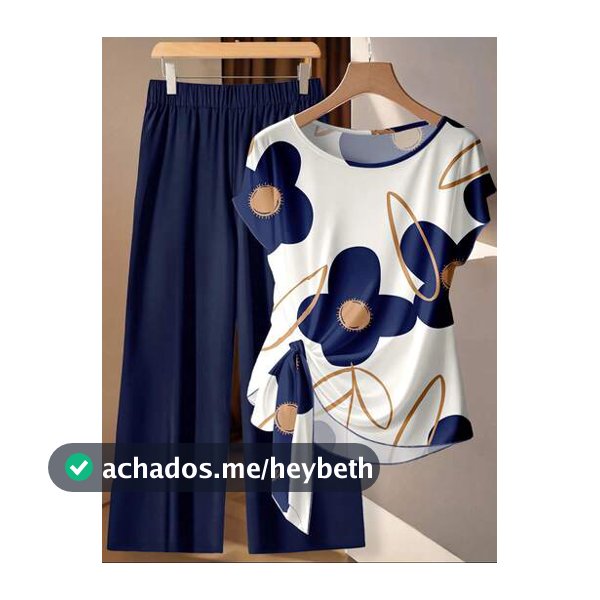 EMERY ROSE Conjunto de 2 Peças Blusa com Laço e Calça Reta Feminina, Azul Marinho, Casual Elegante de Verão para Férias e Formal